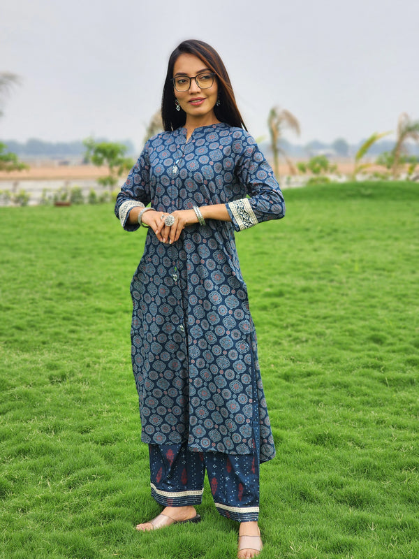 Artisanal Print Kurta with Detailed Cuffs and Palazzo